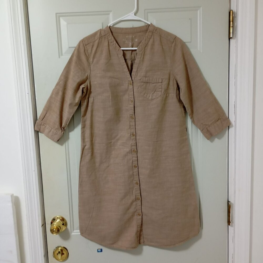 Sonoma Womens Button-Down Shirt Dress Beige 100% Cotton 3/4 Sleeve Roll Tab Sz S